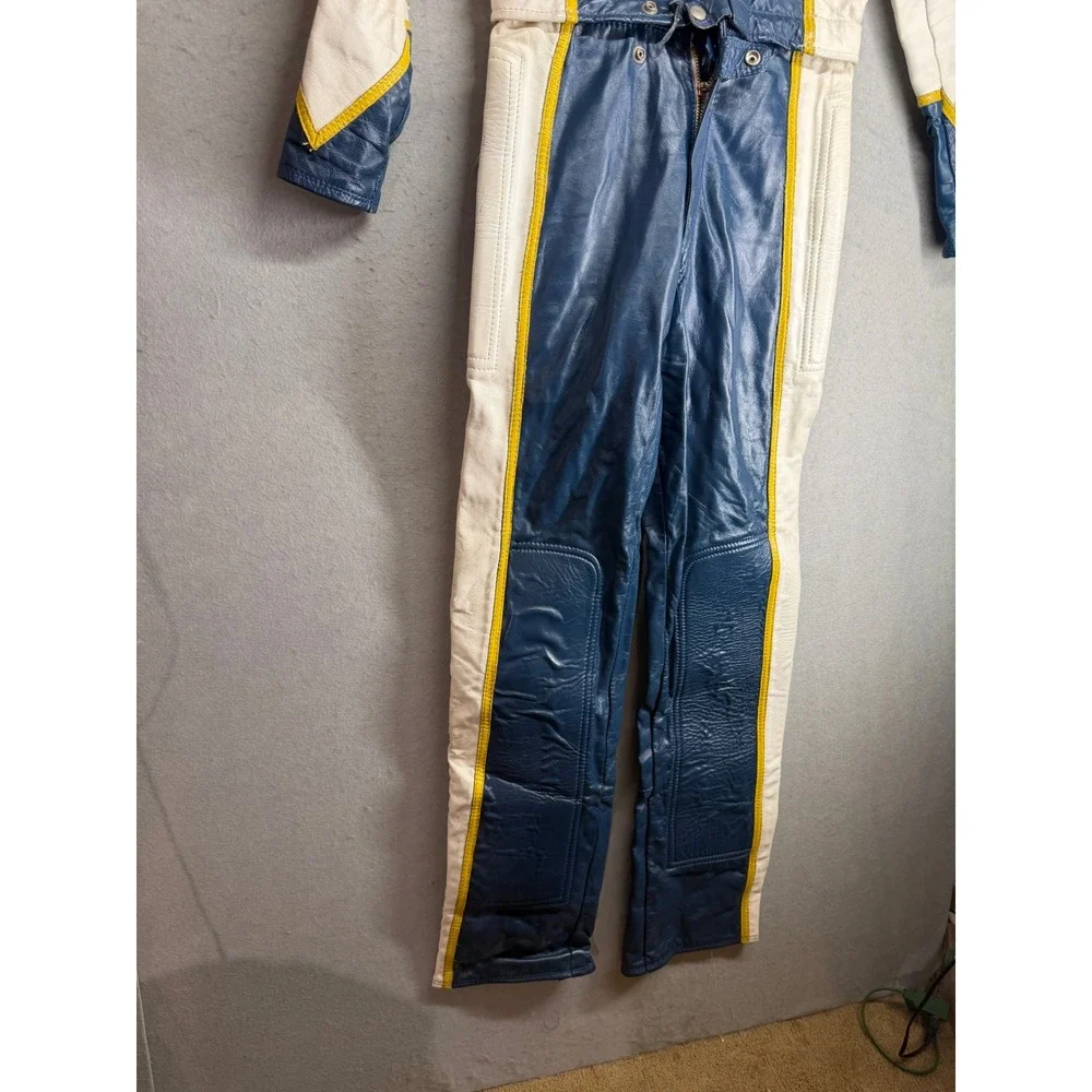 Vintage Leather Motorcycle Racing Suit Blue White Yellow handmade Jumpsuit